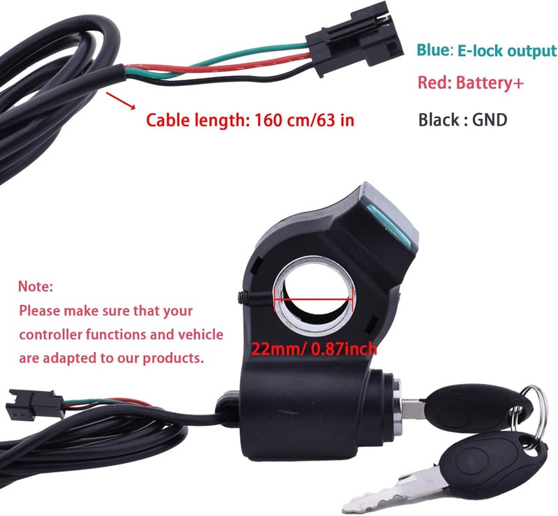Chokayaky Universal ebike Ignition Switch with Key 12V-96V ebike Throttle with Key and Display 3 Wires Bike Key Ignition Electric Scooter Key Switch ebike Accessories ebike Key Ignition - Image 4